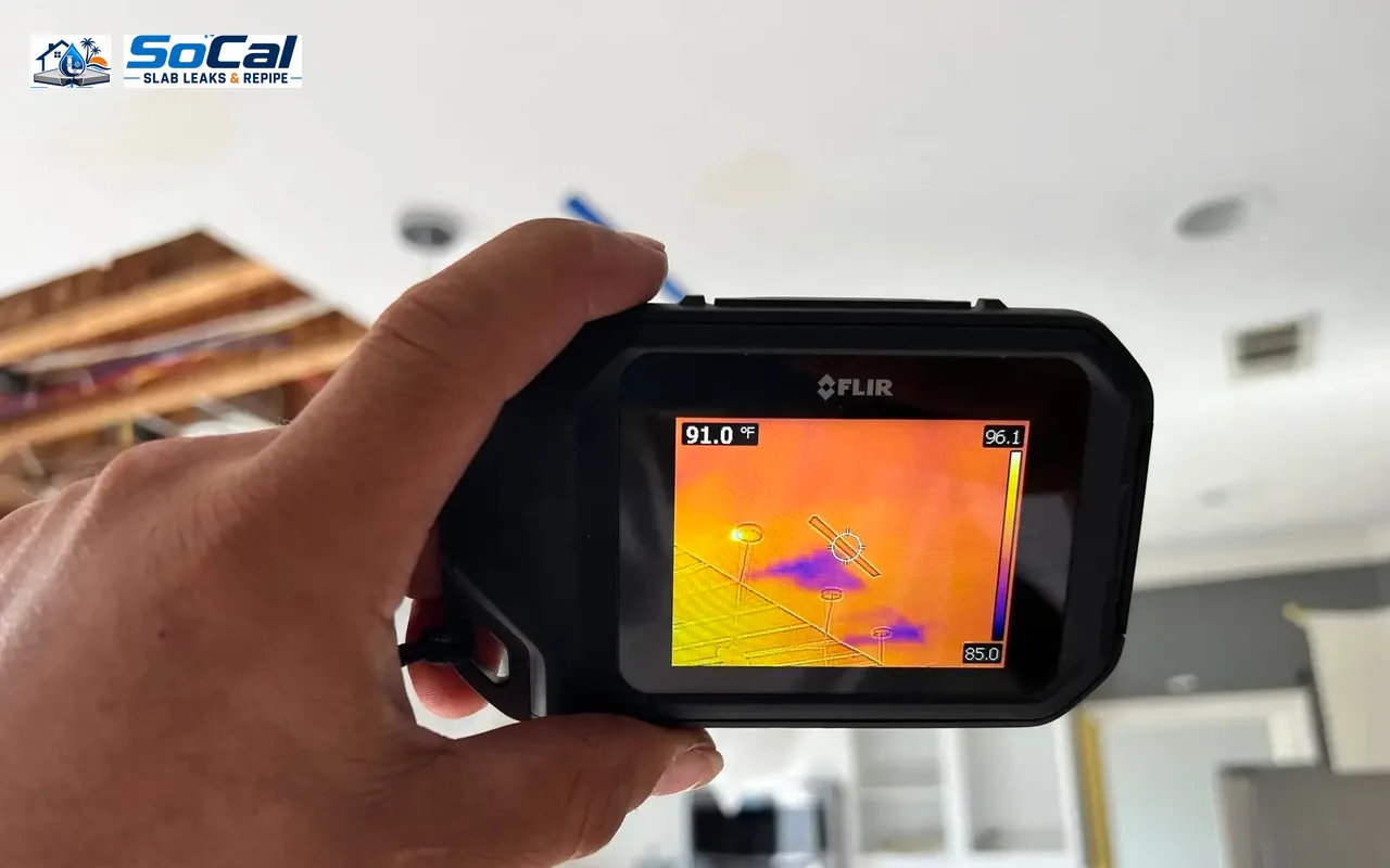 Thermal imaging slab leak detection in a San Jacinto home